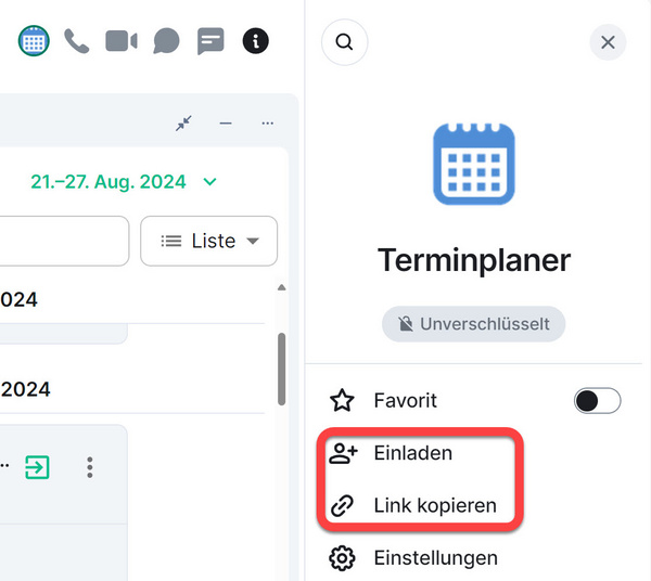 Einladen und Link kopieren (Raum-Info)