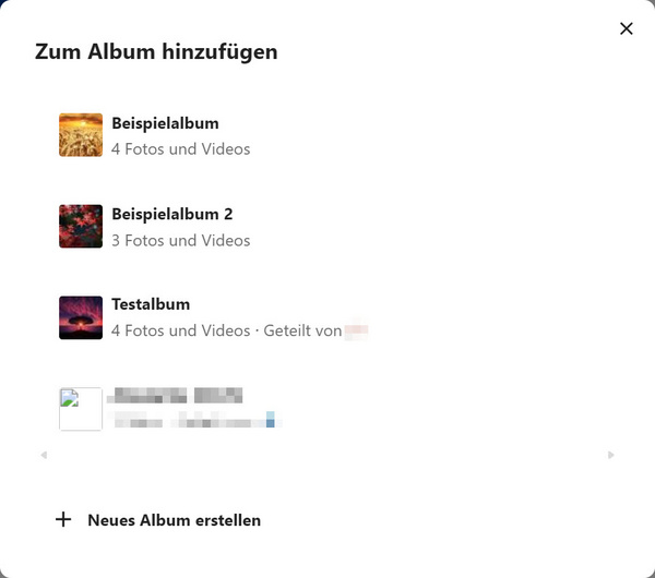 Das Fenster "Zum Album hinzufügen" mit zwei Beispielalben zur Auswahl sowie der Schaltfläche "Neues Album erstellen"