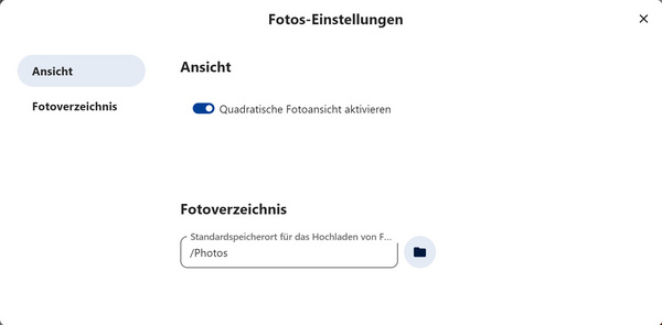 Das Fenster "Fotos-Einstellungen" mit den Abschnitten "Ansicht" und "Fotoverzeichnis"