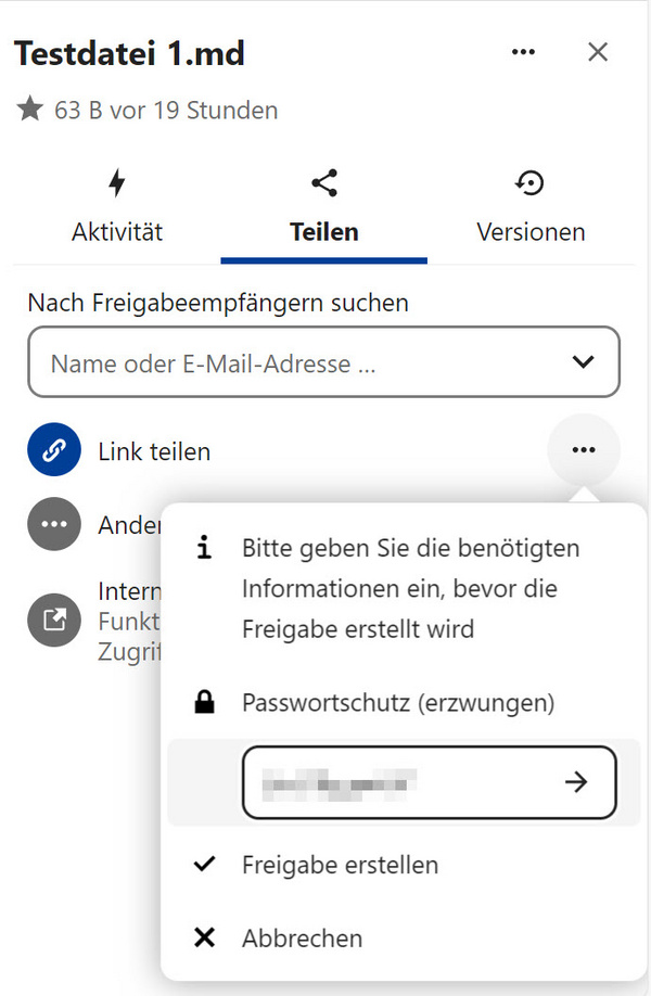 Passwort festlegen und Freigabe erstellen