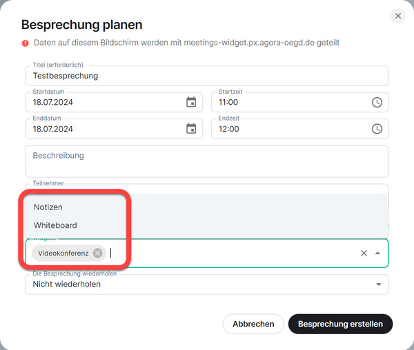 Widgets über das Dropdown-Menü hinzufügen