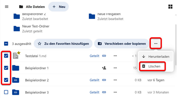 Mehrere Dateien/Ordner sind zur Löschung ausgewählt und das Drei-Punkte-Menü oberhalb der Dateiliste ist geöffnet