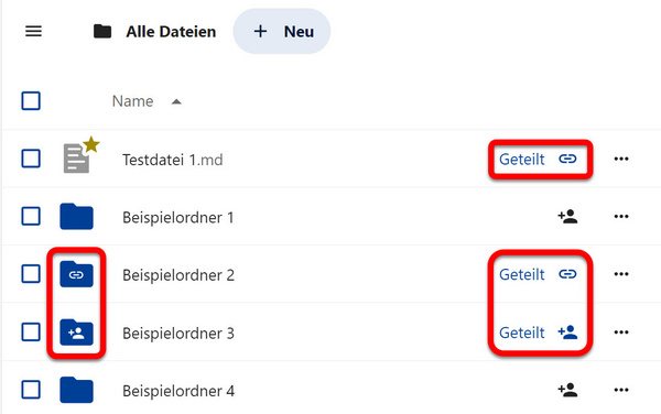 Geteilte Dateien und Ordner in der Liste mit dem Hinweis "Geteilt" sowie je einem Personen- und Kettensymbol