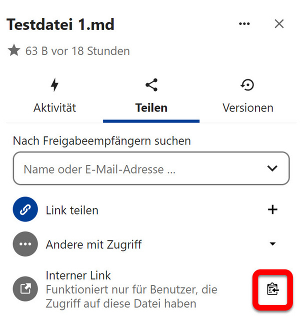 Die Schaltfläche "Internen Link in die Zwischenablage kopieren" (Klemmbrettsymbol)