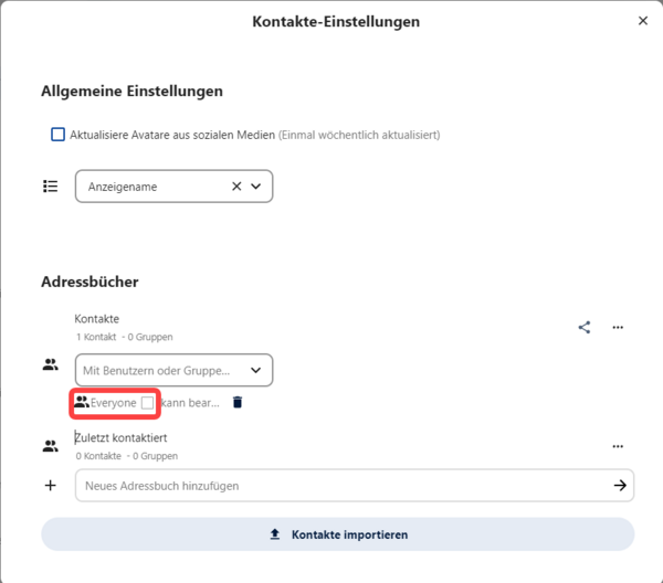 "Everyone" bei Kontakte-Einstellungen