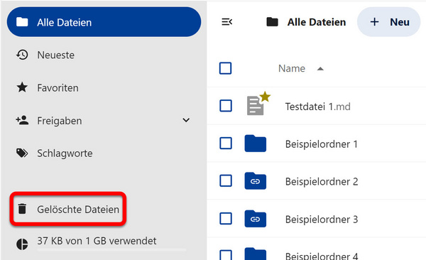 Der Ordner "Gelöschte Dateien" im Menü auf der linken Seite