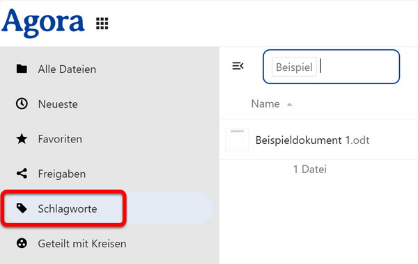 Der Punkt "Schlagworte" im Hauptmenü sowie das Suchfeld; das Schlagwort "Beispiel" wurde eingegeben und eine passende Datei wurde gefunden
