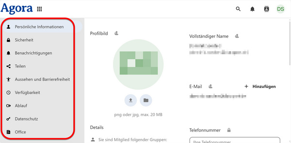 Links das Menü für Einstellungen, rechts die Einstellungen selbst