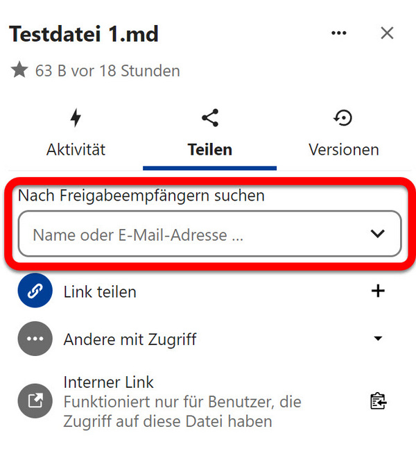 Das Eingabefeld "Nach Freigabeempfängern suchen" im Teilen-Menü