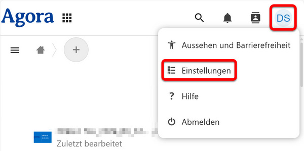 Einstellungen im Benutzermenü