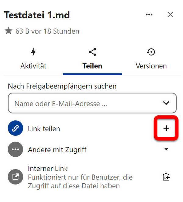 Die Schaltfläche "Neuen Freigabe-Link erstellen" (Pluszeichen)