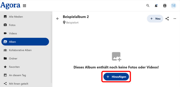 Die Schaltfläche "Hinzufügen" im geöffneten Album