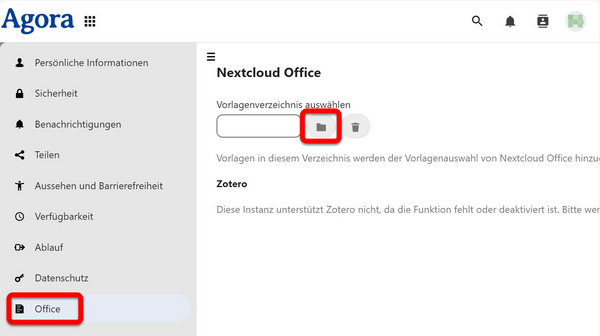 Der Punkt "Office" im Einstellungsmenü sowie das Ordnersymbol