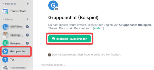 Ein Beispielraum wurde erstellt. Er erscheint links im Menü und ist im Arbeitsbereich geöffnet. Mittig im Raum die Schaltfläche "In diesen Raum einladen"