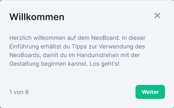 Das Fenster "Willkommen" mit der Einführung zum Whiteboard