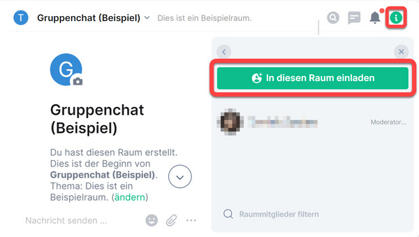 Die Schaltfläche "Raum-Info" und die geöffnete Leiste mit der Schaltfläche "In diesen Raum einladen"