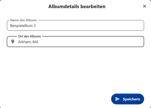 Das Fenster zum Bearbeiten der Albumdetails mit Textfeldern für Name und Ort