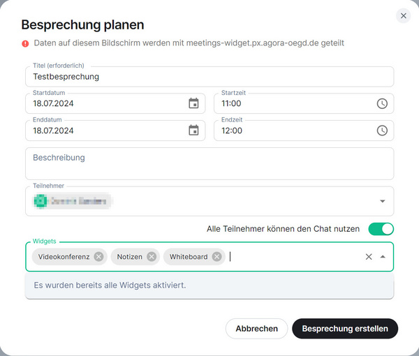 Der Bereich "Widgets" im Fenster "Besprechung planen" und ganz rechts die Schaltfläche "Leeren". Alle Widgets sind vorausgewählt.