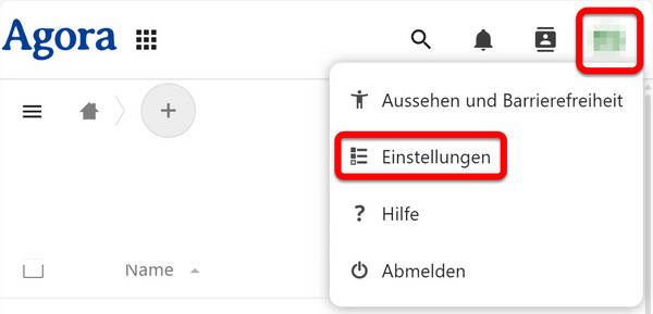 Der Punkt "Einstellungen" im Benutzermenü