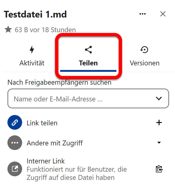 Der Reiter "Teilen" in der Seitenleiste