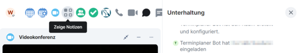 Die Schaltfläche "Zeige Notizen" in der Werkzeugleiste, rechts davon ein kleiner Ausschnitt vom Chatfenster, unten der obere Rand des Videokonferenz-Widgets