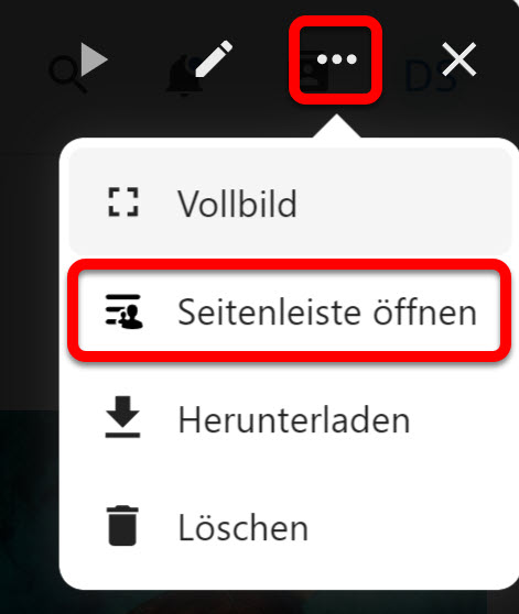 Geöffnetes Drei-Punkte-Menü mit der Option "Seitenleiste öffnen"