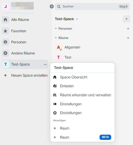 Untermenü der Space-Optionen